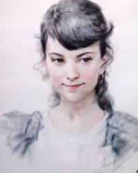 Портрет девочки Юли. бумага, масло (сухая кисть). © Алексей Точин Портреты сухой кистью.
